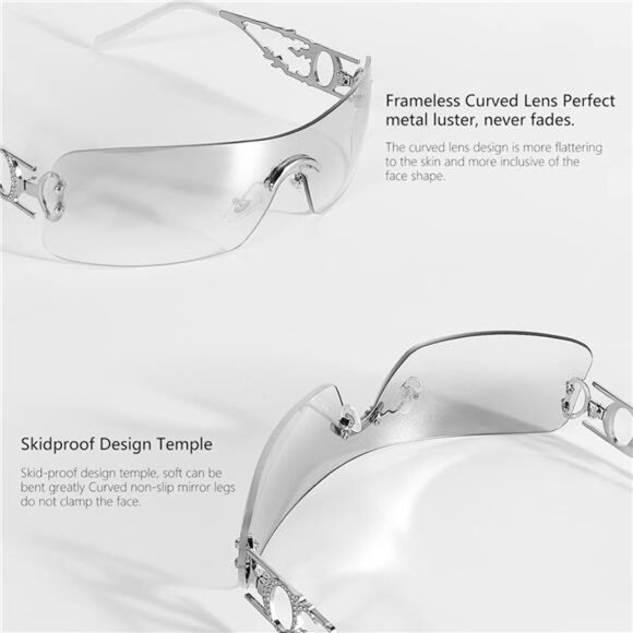 Y2K Rimless Sunglasses Flame Rectangle Vintage Retro Eyewear Unisex UV400 Fashio - Picture 6 of 7